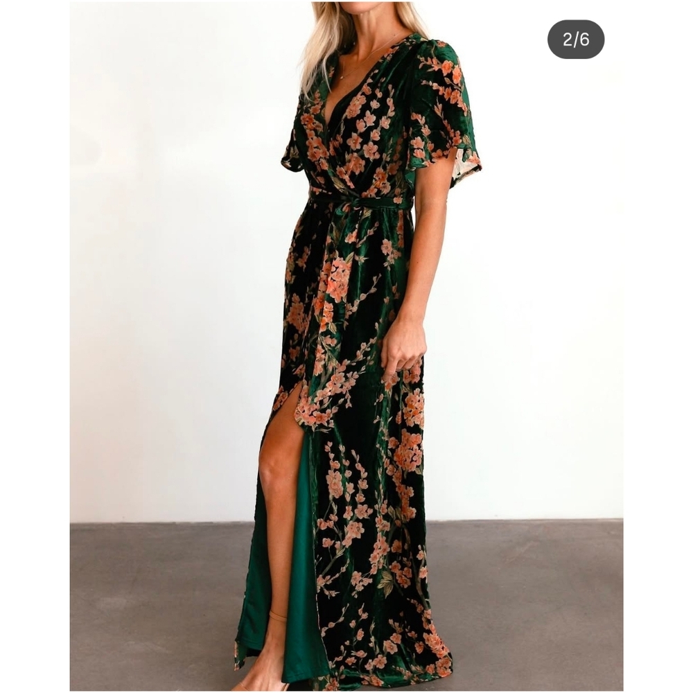 BALTIC BORN Uma Green Velvet Floral Maxi Dress sz L Women's - Picture 4 of 12